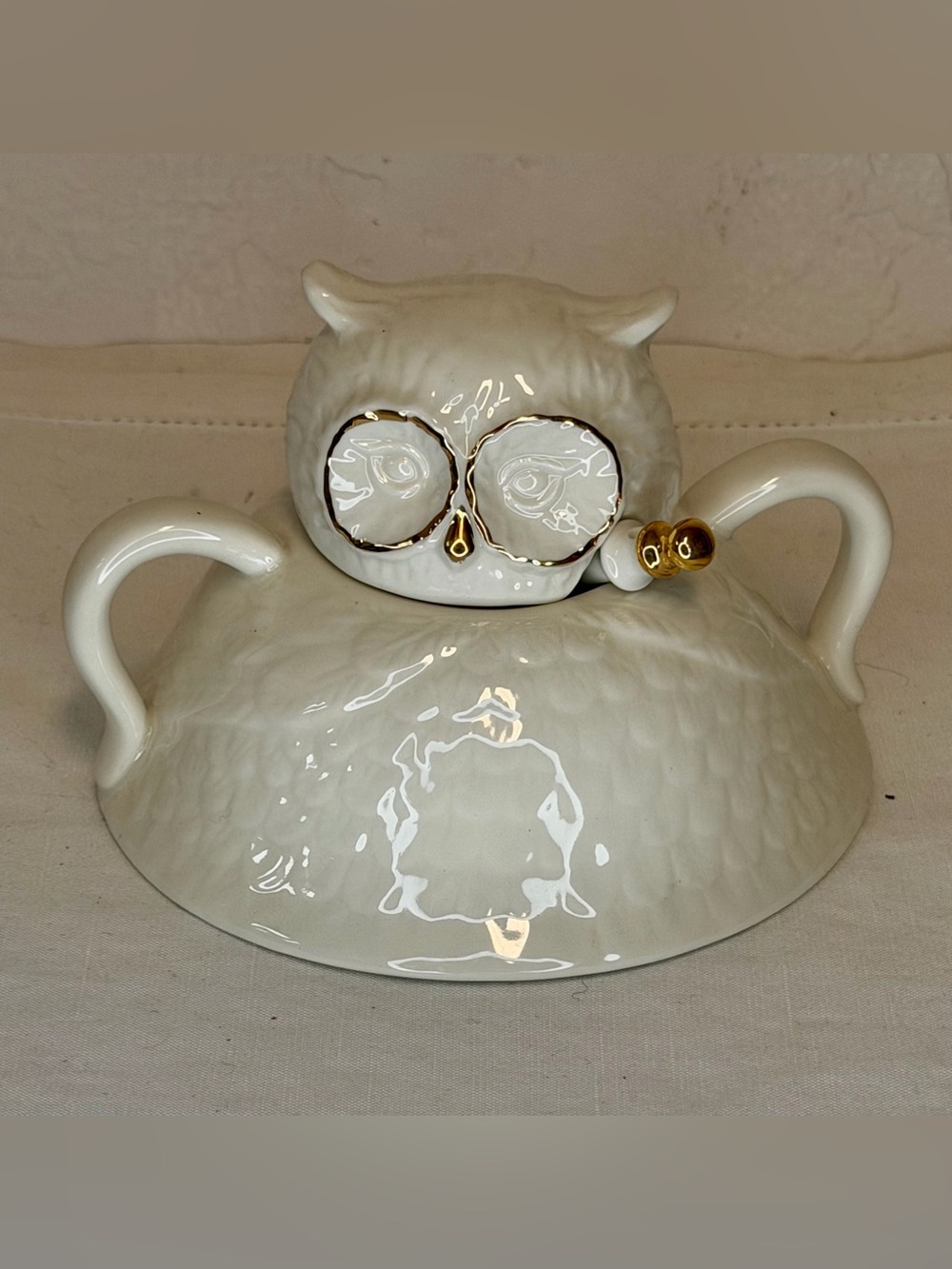 Anthropologie Balducci Wild Masquer Ceramic Owl Sugar Bowl Gold Trim w/ Spoon